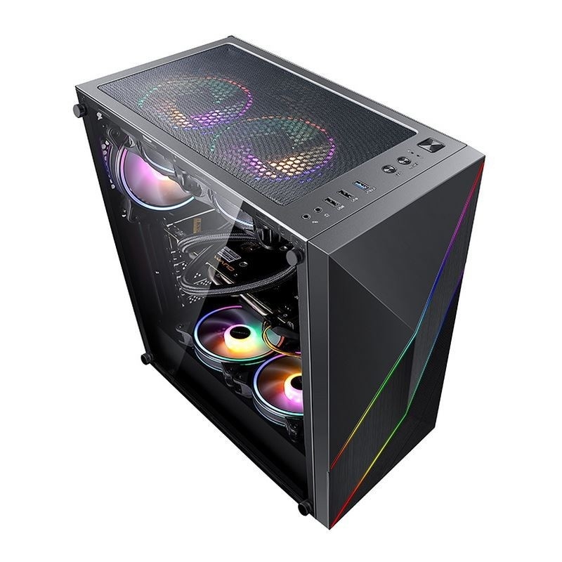ETEK - PC Mid Tower Case اللوحة الأمامية غير المنتظمة والشبكة مع شريط ARGB LED، اللوحة الجانبية الزجاجية المقاومة، اللوحة العليا لإدخال / إخراج