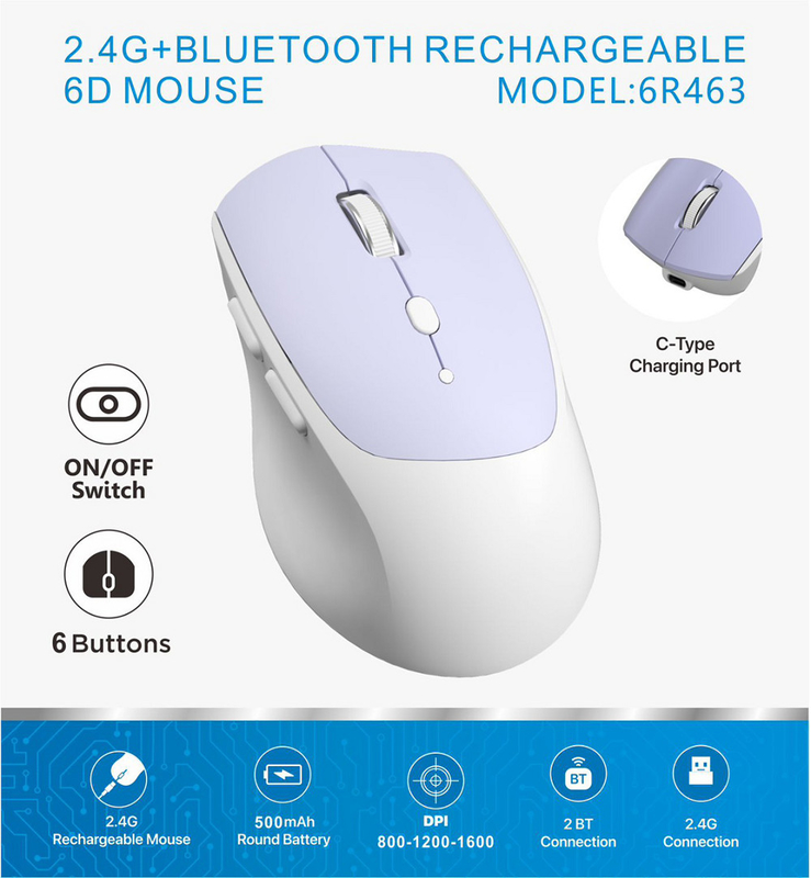 6D، اتصال 2.4G، 800-1600 DPI، بطارية 500mAh مستديرة، واجهة من النوع C. مثالية لعمال المكاتب، اللاعبين