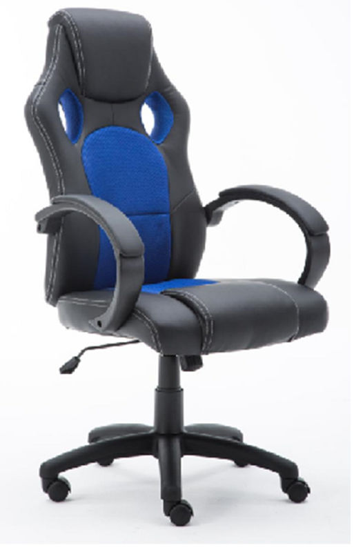 كرسي ألعاب بقاعدة نايلون 320 مم مع عجلات، مسند رفع غاز 100 مم مطلي، مسند ذراع نايلون مع حشوة من البولي يوريثين، جلد PU أسود + شبكة زرقاء