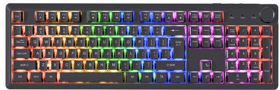 لوحة مفاتيح ملفات تعديل الفيديو ذات 104 مفاتيح FN مفاتيح Rainbow Light ABS + Black Keycaps + Silver Membrane 510g جسم خفيف الوزن