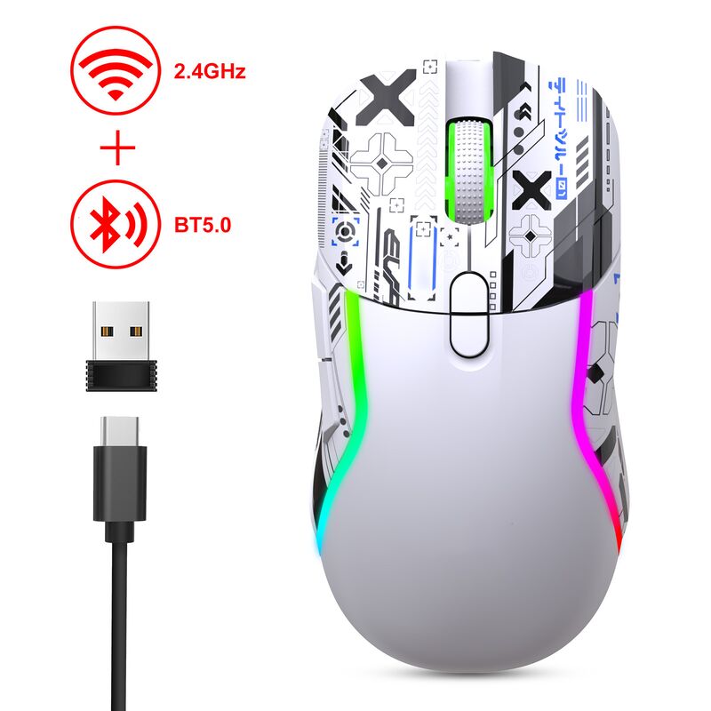 فأر لعب RGB لاسلكي مزدوج الوضع2.4G + بلوتوث، 3200 DPI، 8 أزرار، بطارية 600mAh، إعادة شحن من النوع C، ABS، الطباعة بالليزر