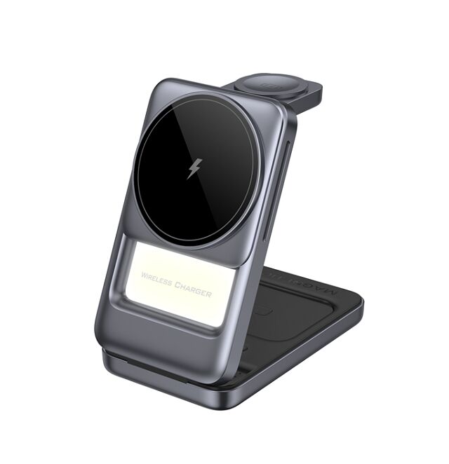 شاحن لاسلكي 3 في 1 قابل للطي، أزرق/رمادي، فضي/رمادي، بلاستيك+معدن، هاتف 15 واط، ساعة 2.5 واط، سماعات أذن 5 واط، ضوء ليلي