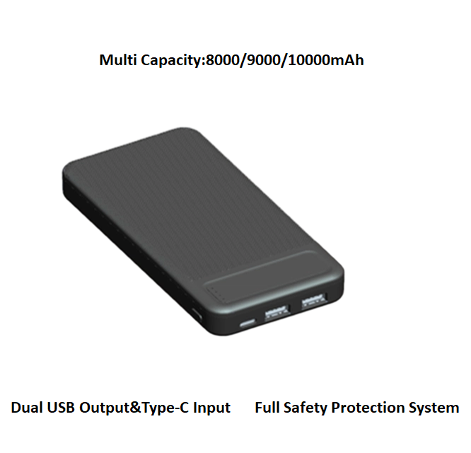 8000/9000/10000mAh ABS Portable Power Bank, Type-C DC5V-2.1A Input, Dual USB DC5V/2.1A Output, Multiple Safety Protection